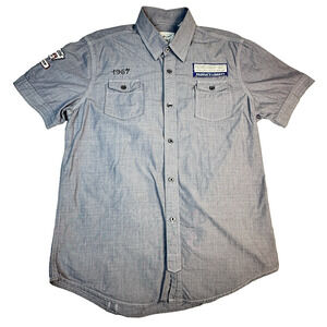 Projek Raw Shirt Mens sz M Button Up Short Sleeve Blue Embroidered Remember 1967